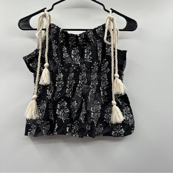 Moon River Floral Tie Strap Cotton Peplum Top in Black Multi Combo Size M - Picture 4 of 8